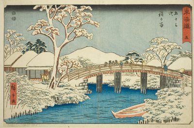 Hodogaya: Río Katabira y Puente Katabira (Hodogaya, Katabiragawa Katabirabashi)—No. 5, de la serie "Cincuenta y tres estaciones del Tokaido (Tokaido gojusan tsugi)", también conocida como el Reisho Tokaido de Utagawa Hiroshige