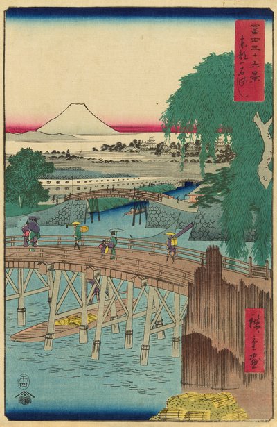 Puente Ichikoku en la capital oriental (Toto Ichikokubashi), de la serie "Treinta y seis vistas del Monte Fuji (Fuji sanjurokkei)" de Utagawa Hiroshige