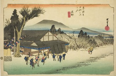 Ishibe: Pueblo de Megawa (Ishibe, Megawa no sato), de la serie "Cincuenta y tres estaciones del Tokaido (Tokaido gojusan tsugi no uchi)," también conocida como el Hoeido Tokaido de Utagawa Hiroshige