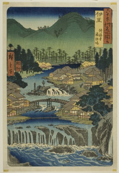 Provincia de Izu: Aguas termales del templo de Shuzen (Izu, Shuzenji tojiba), de la serie "Lugares famosos de las sesenta y tantas provincias (Rokujuyoshu meisho zue)". de Utagawa Hiroshige