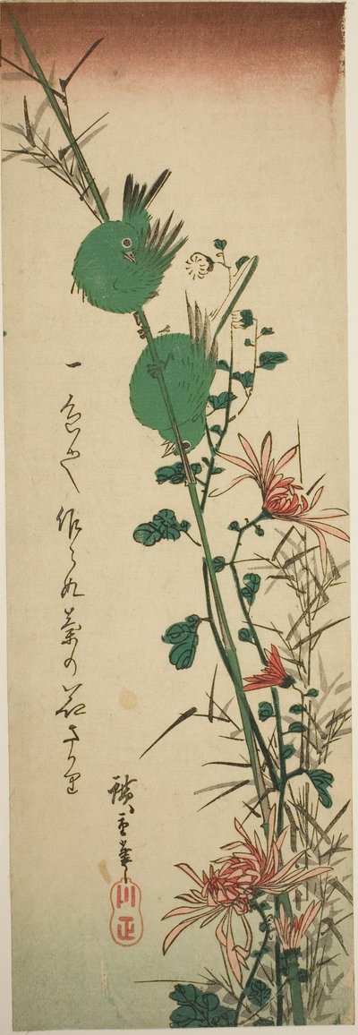 Ojiblancos Japoneses y Crisantemos de Utagawa Hiroshige
