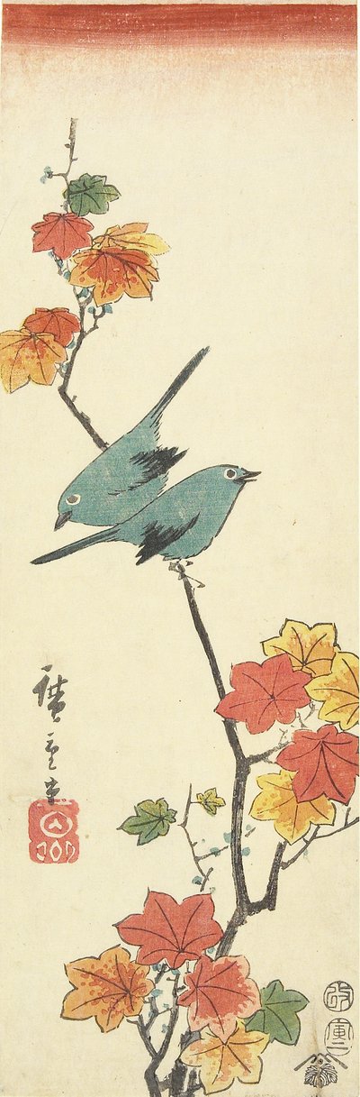 Ojiblancos Japoneses en una Rama de Arce, 1854 de Utagawa Hiroshige