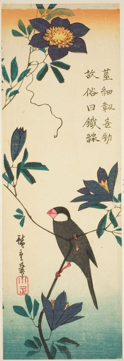 Gorrión de Java y clemátide de Utagawa Hiroshige