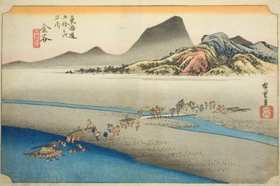 Kanaya: La Orilla Lejana del Río Oi (Kanaya, Oigawa engan), de la serie "Cincuenta y Tres Estaciones del Camino Tokaido (Tokaido gojusan tsugi no uchi)," también conocida como el Tokaido de Hoeido de Utagawa Hiroshige