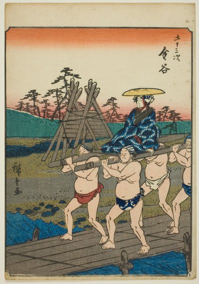 Kanaya, de la serie "Cincuenta y tres estaciones [del Tokaido] (Gojusan tsugi)," también conocida como el Tokaido de figuras (Jinbutsu Tokaido) de Utagawa Hiroshige