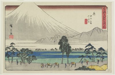 Área de descanso de Kashiwahara junto al estanque con vista al Monte Fuji, Hara, 1841-1842 de Utagawa Hiroshige
