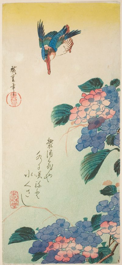 Martín pescador y hortensia de Utagawa Hiroshige
