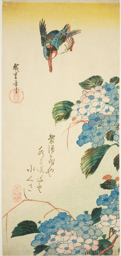 Martín pescador y hortensia de Utagawa Hiroshige