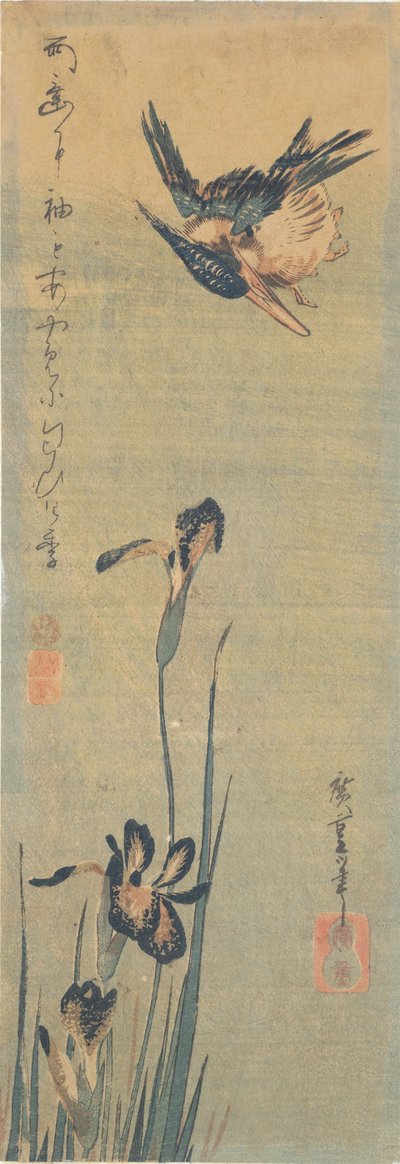 Martín pescador volando sobre un Iris de Utagawa Hiroshige