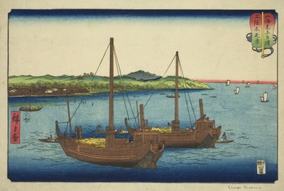Kisarazu en la provincia de Kazusa, de la serie "Combates de lucha entre montañas y mares" de Utagawa Hiroshige