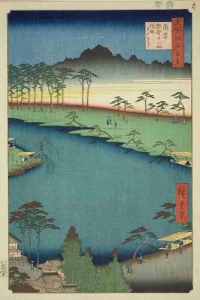 Santuario Kumano Junisha en Tsunohazu, conocido popularmente como Juniso (Tsunohazu Kumano Junisha, zokusho Juniso), de la serie "Cien vistas famosas de Edo (Meisho Edo hyakkei)" de Utagawa Hiroshige