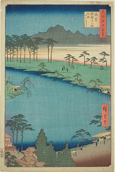 Santuario de Kumano Junisha en Tsunohazu, popularmente conocido como "Juniso" (Tsunohazu Kumano Junisha zokusho Juniso), nº 50 de la serie "Cien vistas famosas de Edo (Meisho Edo hyakkei)". de Utagawa Hiroshige