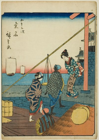 Kuwana, de la serie "Cincuenta y tres estaciones [del Tokaido] (Gojusan tsugi)," también conocida como el Tokaido de figuras (Jinbutsu Tokaido) de Utagawa Hiroshige