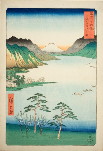 Lago Suwa en la provincia de Shinano (Shinshu Suwa no mizuumi), de la serie "Treinta y seis vistas del monte Fuji (Fuji sanjurokkei)" de Utagawa Hiroshige