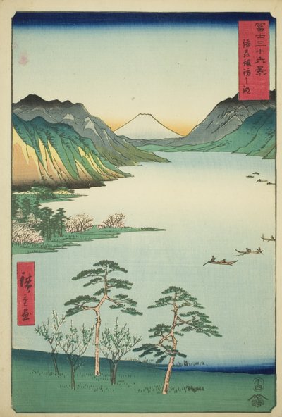Lago Suwa en la provincia de Shinano, de la serie "Treinta y seis vistas del Monte Fuji" de Utagawa Hiroshige