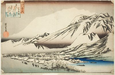 Nieve persistente en el monte Hira (Hira no bosetsu), de la serie "Ocho vistas de la provincia de Omi (Omi hakkei no uchi)" de Utagawa Hiroshige