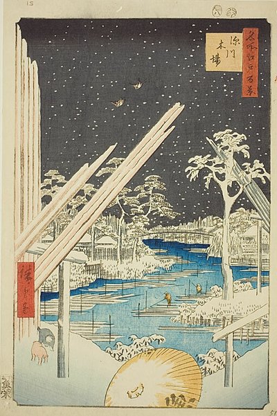 Aserraderos en Fukagawa (Fukagawa kiba), con cielo oscuro, nº 106 de la serie "Cien vistas famosas de Edo (Meisho Edo hyakkei)". de Utagawa Hiroshige