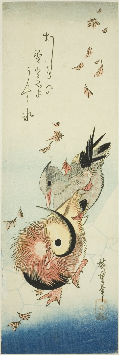 Patos mandarines cruzando estanque helado entre hojas caídas de Utagawa Hiroshige
