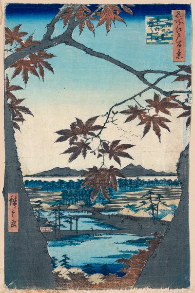 Hojas de arce y el santuario y puente de Tekona en Mama, 1856-1858 de Utagawa Hiroshige