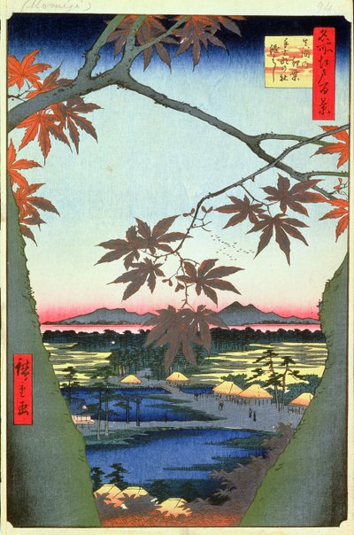 Árboles de arce en Mam, Santuario Tekona y Puente Vinculado, lámina 94 de la serie Cien vistas de Edo, Periodo Edo, Era Ansei, 1857 de Utagawa Hiroshige
