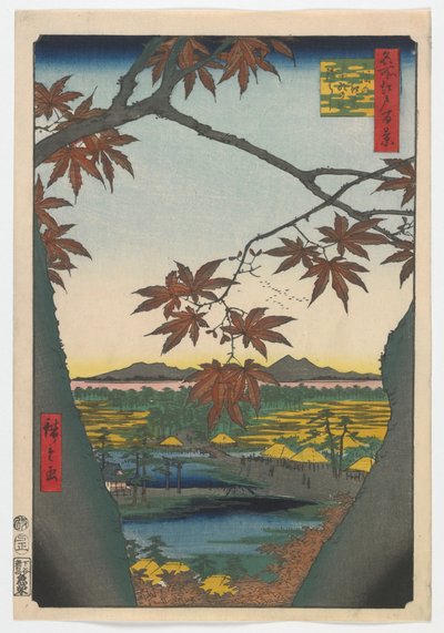 Árboles de arce en Mama, Santuario Tekona y Puente Vinculado, período Edo, 1857 de Utagawa Hiroshige