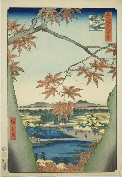 Arces en Mama, Santuario Tekona y Puente Tsugi, de la serie "Cien vistas famosas de Edo" de Utagawa Hiroshige