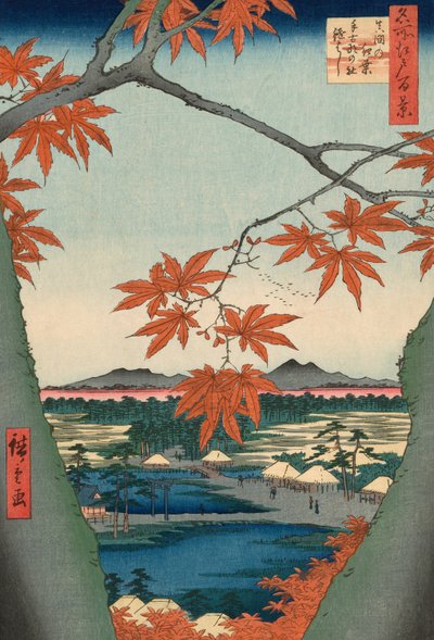 Árboles de Arce en Mama, Santuario Tekona y Puente Tsugi (Mama no momiji, Tekona no yashiro, Tsugihashi), de la serie "Cien Vistas Famosas de Edo (Meisho Edo hyakkei)" de Utagawa Hiroshige