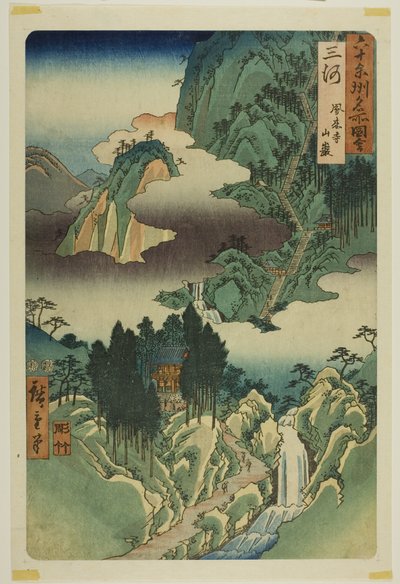 Provincia de Mikawa: Templo Horai en las montañas (Mikawa, Horaiji sangan), de la serie "Lugares famosos de las sesenta y tantas provincias (Rokujuyoshu meisho zue)". de Utagawa Hiroshige