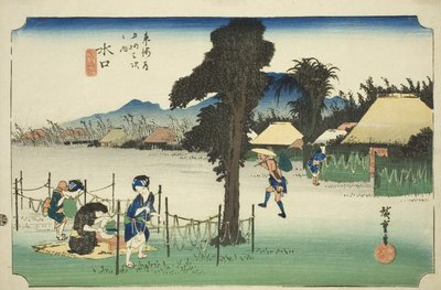 Minakuchi: Virutas de calabaza seca, una especialidad local (Minakuchi, meibutsu kanpyo), de la serie "Cincuenta y tres estaciones del Tokaido (Tokaido gojusan tsugi no uchi)", también conocida como el Tokaido de Hoeido de Utagawa Hiroshige