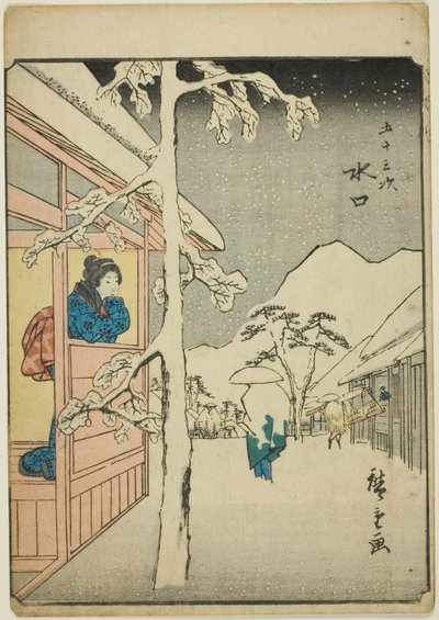 Minakuchi, de la serie "Cincuenta y tres estaciones [del Tokaido] (Gojusan tsugi)," también conocida como el Tokaido de figuras (Jinbutsu Tokaido) de Utagawa Hiroshige