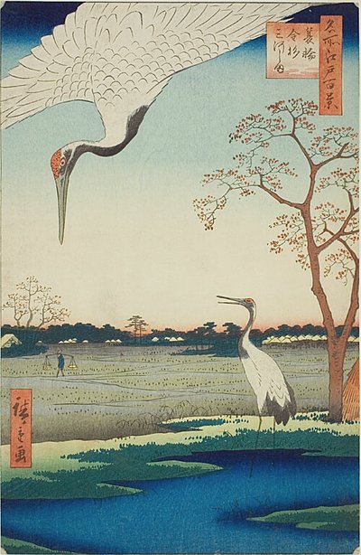 Minowa, Kanasugi, Mikawashima, nº 102 de la serie "Cien vistas famosas de Edo (Meisho Edo hyakkei)". de Utagawa Hiroshige
