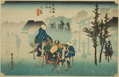Mishima: Niebla Matutina (Mishima, asagiri), de la serie "Cincuenta y Tres Estaciones del Camino Tokaido (Tokaido gojusan tsugi no uchi)," también conocida como el Hoeido Tokaido de Utagawa Hiroshige