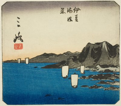 Mishima, sección de la hoja no. 3 de la serie "Imágenes recortadas del Tokaido (Tokaido harimaze zue)" de Utagawa Hiroshige