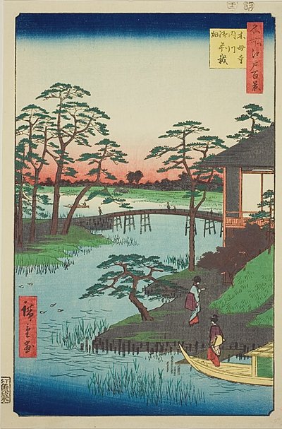 Templo Mokubo, ensenada de Uchigawa, Gozensaihata (Mokuboji Uchigawa Gozensaihata), nº 92 de la serie "Cien vistas famosas de Edo (Meisho Edo hyakkei)". de Utagawa Hiroshige