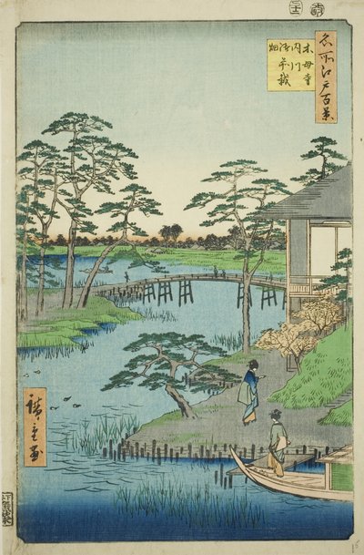 Templo Mokubo, Inlet Uchigawa, y Gozensaihata (Mokuboji Uchigawa Gozensaihata), de la serie "Cien vistas famosas de Edo (Meisho Edo hyakkei)" de Utagawa Hiroshige