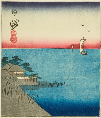 Mercado matutino en el puente Nihon (Nihonbashi, asaichi), sección de una hoja de la serie "Recortes de lugares famosos en Edo (Harimaze Koto meisho)" de Utagawa Hiroshige