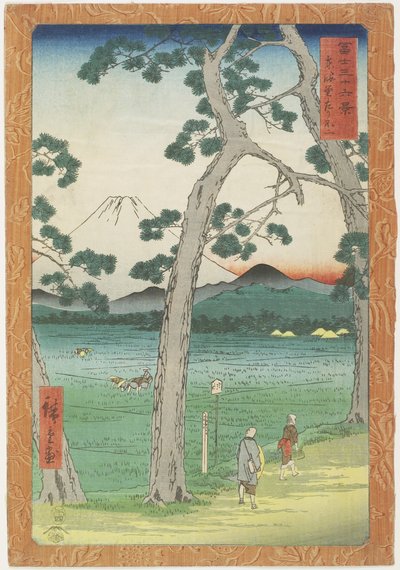 Monte Fuji a la izquierda visto desde la carretera Tōkaidō, abril de 1858 de Utagawa Hiroshige