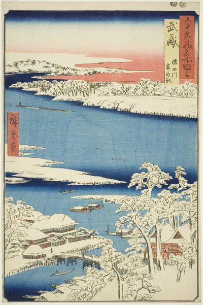 Provincia de Musashi: Mañana después de la nieve en el río Sumida (Musashi, Sumidagawa yuki no ashita), de la serie "Lugares famosos en las sesenta y tantas provincias (Rokujuyoshu meisho zue)" de Utagawa Hiroshige