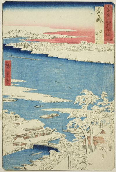 Provincia de Musashi: Mañana después de la nieve en el río Sumida (Musashi, Sumidagawa yuki no ashita), de la serie "Lugares famosos en las sesenta y tantas provincias (Rokujuyoshu meisho zue)" de Utagawa Hiroshige