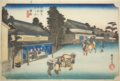 Narumi: Famosas telas teñidas de Arimatsu (Narumi, meibutsu Arimatsu shibori), de la serie "Cincuenta y tres estaciones del Tokaido (Tokaido gojusan tsugi no uchi)", también conocida como el Tokaido de Hoeido de Utagawa Hiroshige