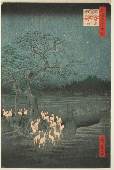 Fuegos de zorros en la víspera de Año Nuevo en el árbol cambiante (Ōji shozoku enoki omisoka no kitsunebi), de la serie Cien vistas famosas de Edo (Meisho Edo hyakkei) de Utagawa Hiroshige