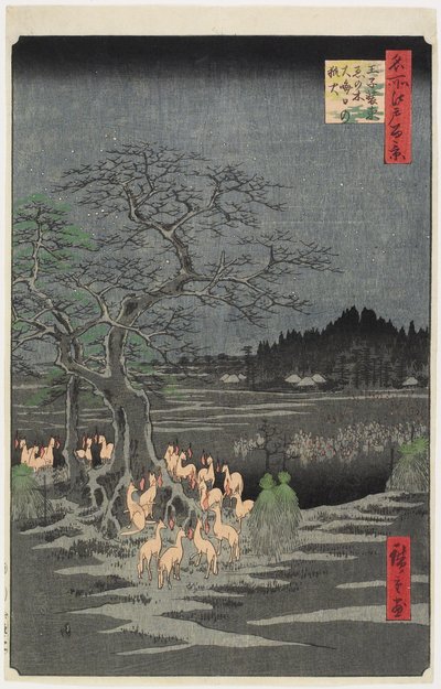 Fuegos de Zorros en la Nochevieja en Nettle Tree, O_ji, septiembre de 1857 de Utagawa Hiroshige