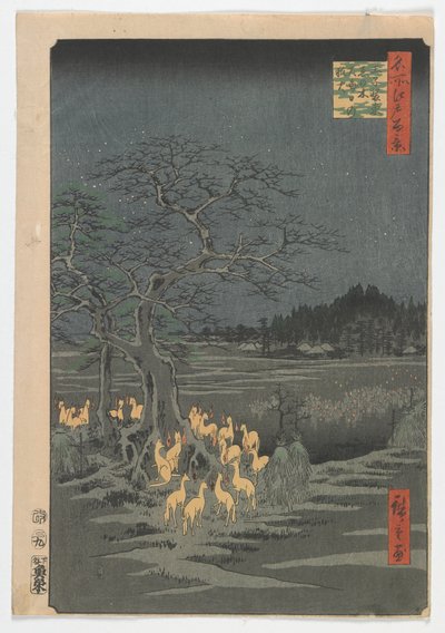 Nochevieja, fuegos de zorro en el Árbol Cambiante, período Edo de Utagawa Hiroshige