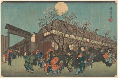 ¿Procesión nocturna bajo los cerezos en flor a lo largo del Nakanoch? en Shin Yoshiwara de Utagawa Hiroshige