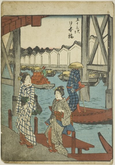 Puente Nihon (Nihonbashi), de la serie "Cincuenta y tres estaciones [del Tokaido] (Gojusan tsugi)," también conocido como el Tokaido de figuras (Jinbutsu Tokaido) de Utagawa Hiroshige