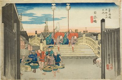 Puente Nihon: Escena Matutina (Nihonbashi, asa no kei), de la serie "Cincuenta y Tres Estaciones del Camino Tokaido (Tokaido gojusan tsugi no uchi)," también conocida como el Tokaido de Hoeido de Utagawa Hiroshige