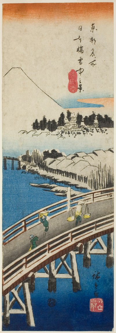 Puente Nihon visto en la nieve (Nihonbashi setchu no kei), de la serie "Vistas famosas en la capital oriental (Toto meisho)" de Utagawa Hiroshige