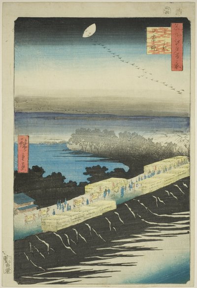 Terraplén Nihon, Yoshiwara (Yoshiwara Nihonzutsumi), de la serie "Cien vistas famosas de Edo (Meisho Edo hyakkei)" de Utagawa Hiroshige