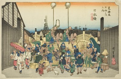 Nihonbashi: Procesión saliendo (Nihonbashi, gyoretsu furidashi), de la serie "Cincuenta y tres estaciones del camino Tokaido (Tokaido gojusan tsugi no uchi)," también conocido como el Tokaido de Hoeido de Utagawa Hiroshige