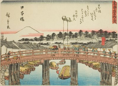 Nihonbashi, de la serie "Cincuenta y tres estaciones del Tokaido (Tokaido gojusan tsugi)," también conocida como el Tokaido con poema (Kyoka iri Tokaido) de Utagawa Hiroshige